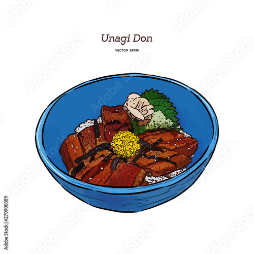 Unagi Donburi. Japanese cuisine, grilled eel with sweet sauce . Hand draw sketch vector.