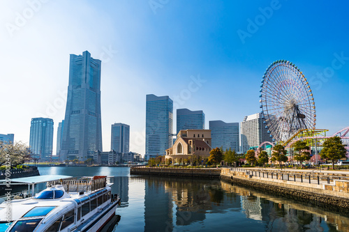 skyline of Minatomirai, view from the bay in Yokohama, Japan photo