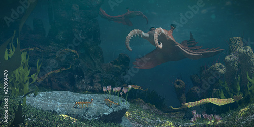 animals of the Cambrian period, underwater scene with Anomalocaris, Opabinia, Hallucigenia, Pirania and Dinomischus  photo