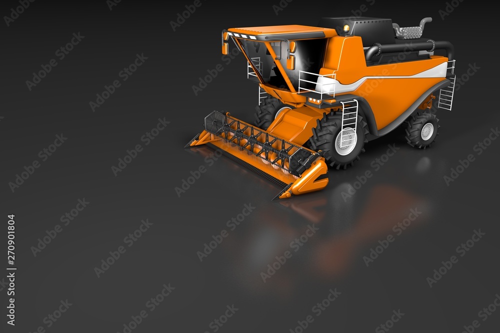 industrial 3D illustration of big modern orange wheat harvester side top view with reflection on dark grey, mockup with place for content