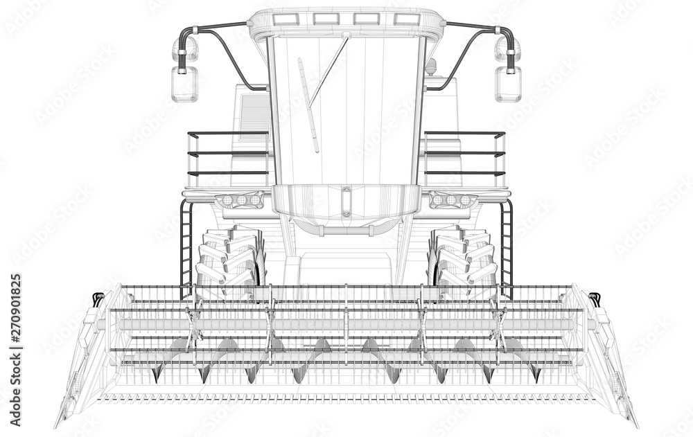 Industrial 3D illustration of thin contoured, detailed 3D model of farm harvester isolated on white, agricultural machine research concept