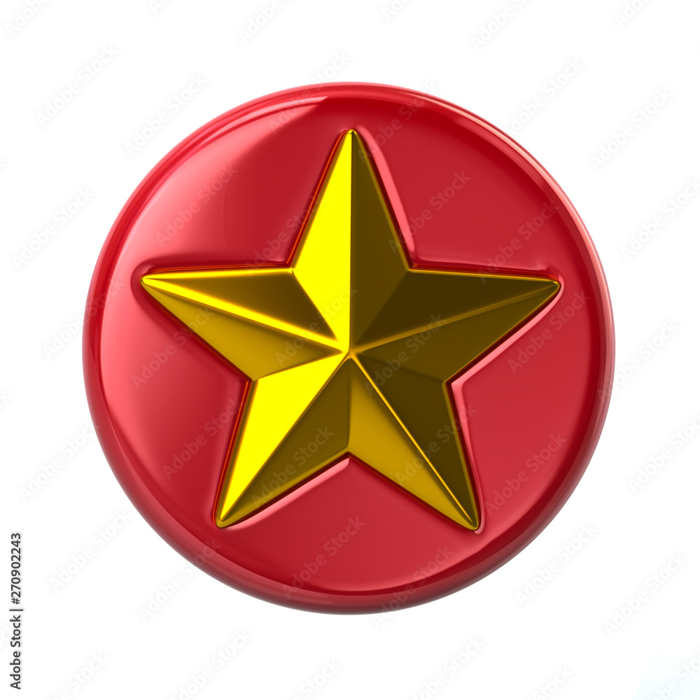 Fototapeta premium Red and golden star button 3d illustration on white background