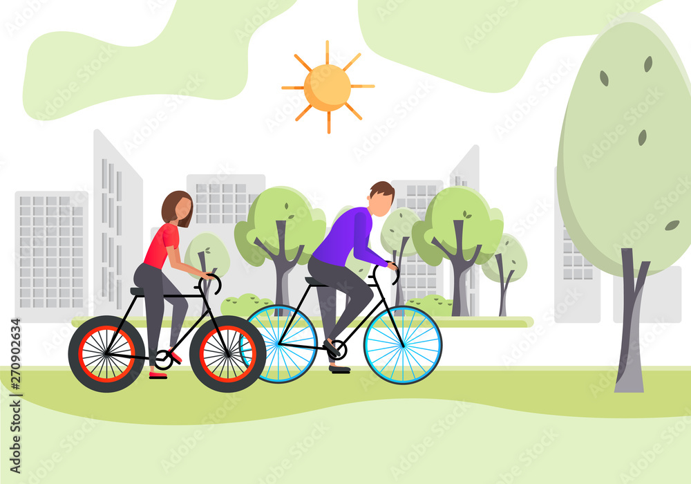 Naklejka premium Man and woman people riding bicycles in the park