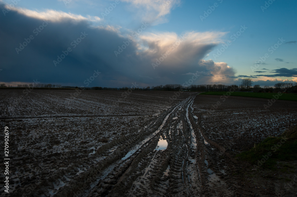 A flooded country road, in the flemish country side, against a clouy sky.