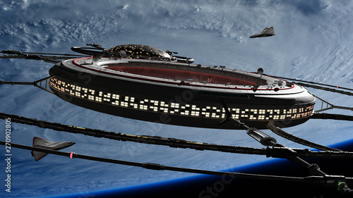 Fototapeta Naklejka Na Ścianę i Meble -  space station and serveral spaceships in orbit of planet Earth (3d science background rendering, elements of this image are furnished by NASA)