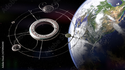 Fototapeta Naklejka Na Ścianę i Meble -  space station with spaceships in orbit of planet Earth (3d science fiction render, elements of this image are furnished by NASA)