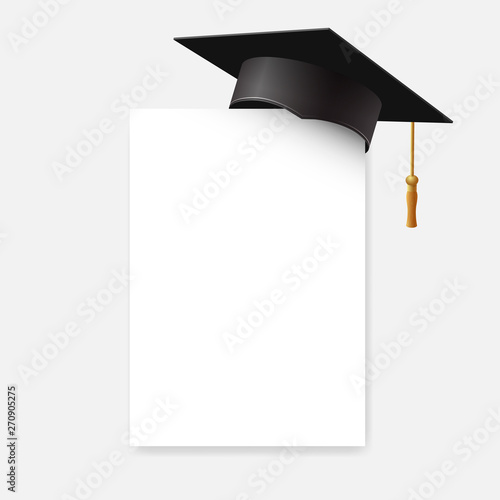Graduation cap or mortar board on paper corner. Vector education design element isolated on white background.