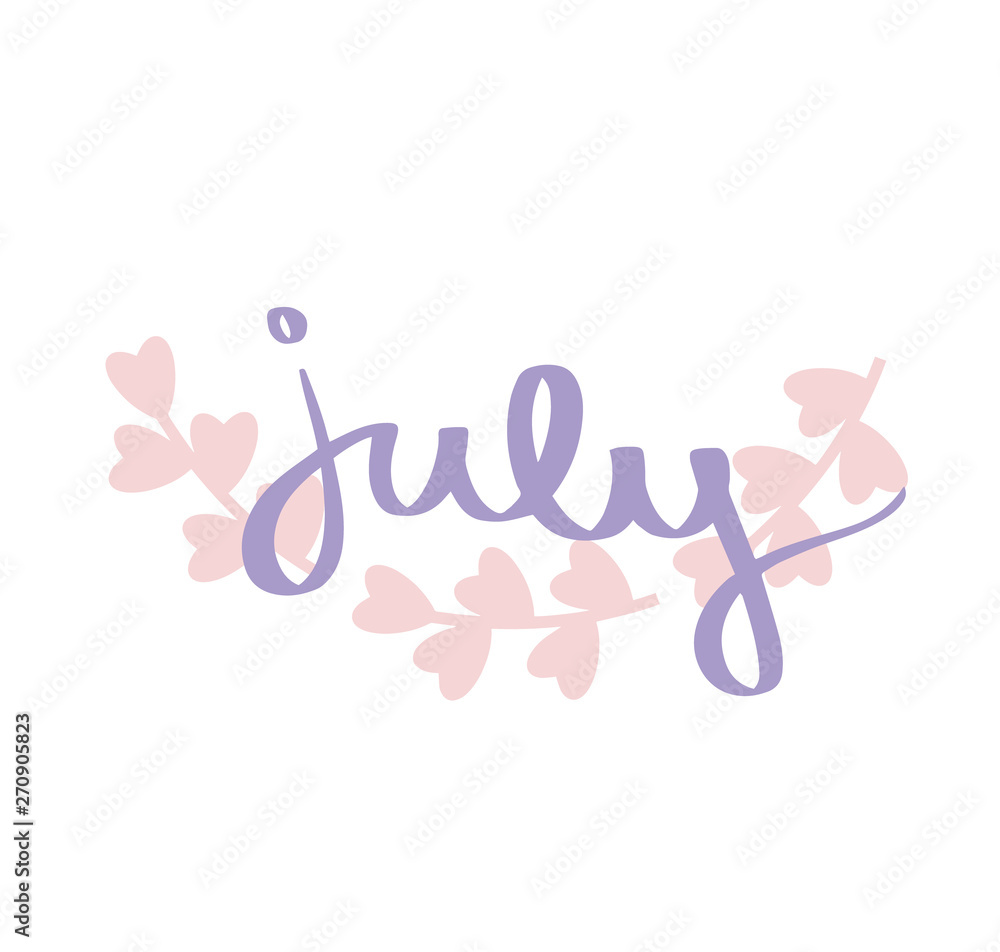 Violet July lettering print vector text with pink leaves border. Summer minimalist illustration. Isolated purple calligraphy phrase white background. Graphic design for banner, calendar, textile, logo Violet July lettering print vector text with pink leaves border. Summer minimalist illustration. Isolated purple calligraphy phrase white background. Graphic design for banner, calendar, textile, logo