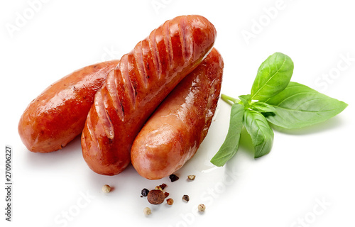 grilled sausages on white background