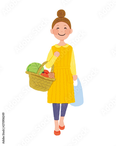 笑顔で買い物を楽しむ女性　イラスト　ベクター