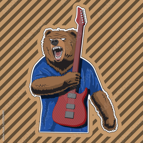 character bear with a striped guitar in a rage. Vector image.