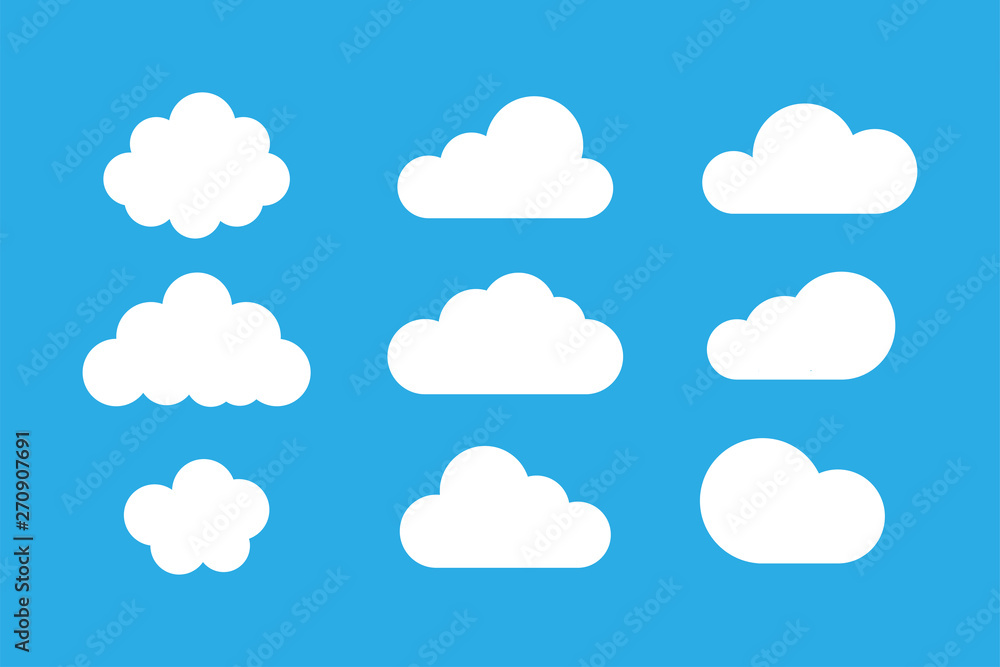 Set of clouds isolated on blue background. Weather signs. White paper stickers. Collection of clouds icon.