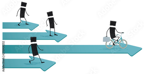 Cycling to success, isolated on white background. Several stick figures running on arrows pointing forward. One is the fastest, because bike ride.
