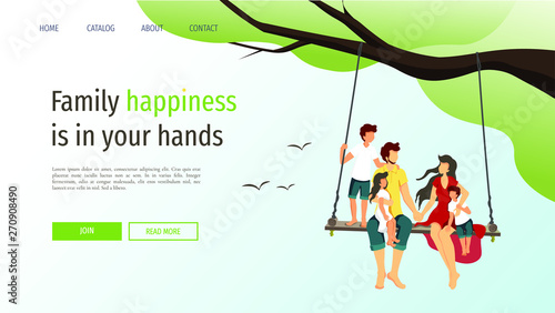Web page template for happy family, love, happiness, parenthood, childhood. Young family sitting on a swing in nature. Vector illustration.