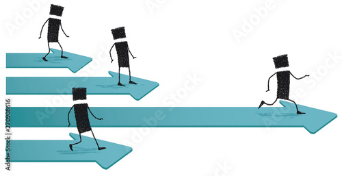 Running to success, isolated on white background. Several stick figures running over some arrows pointing forward. One is the fastest, it will succeed.