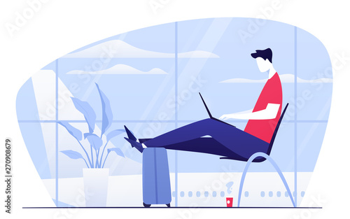 Vector illustration of a young man with laptop sitting in the departure lounge at the airport