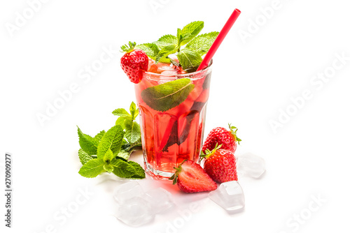 Fruit cocktail. Strawberry mors. Cocktail from strawberry and mint. Strawberry, mint, glass, ice cubes