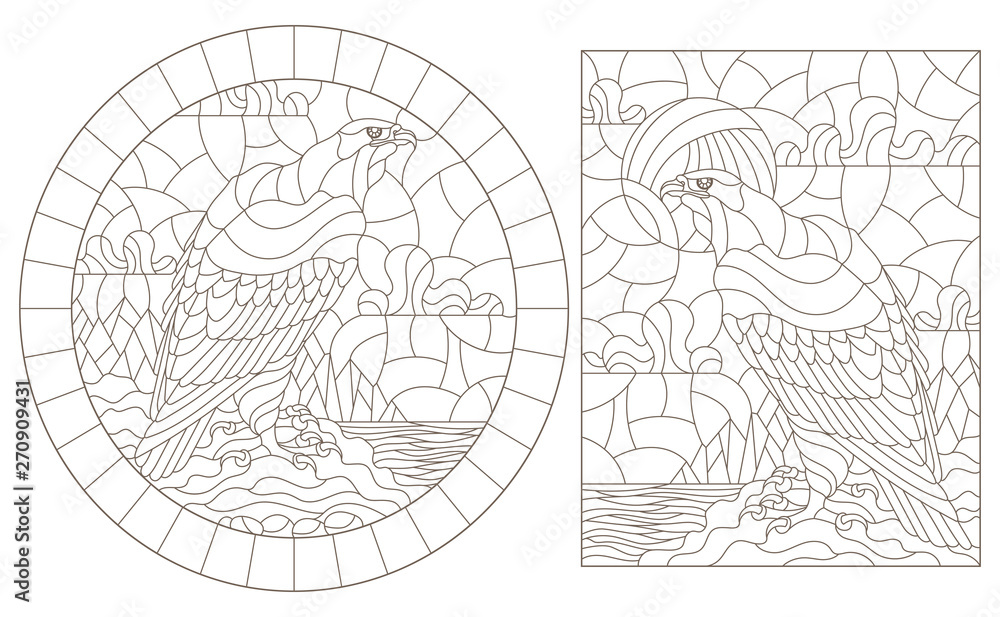 A set of contour illustrations of stained glass Windows with eagles on the background of landscapes , dark contours on a white background A set of contour illustrations of stained glass Windows with eagles on the background of landscapes , dark contours on a white background