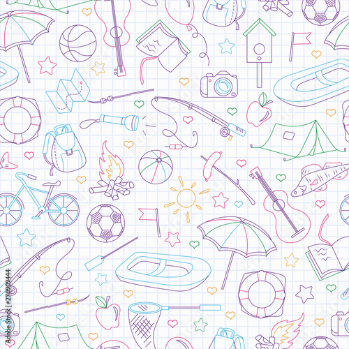 Seamless pattern on the theme of summer camp and vacations, simple contour icons are drawn with colored chalks on the clean writing-book sheet in a cage