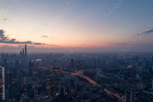 Aerial view of business area and cityscape in the dawn, West Nanjing Road, Jing` an district, Shanghai