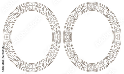 Set contour illustrations of stained glass with floral framework,dark outline on white background