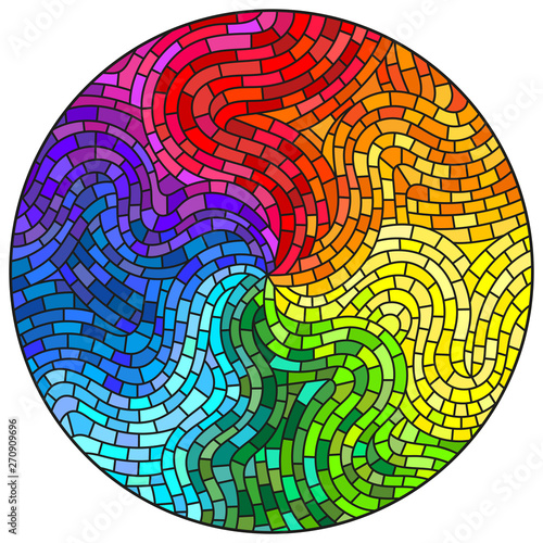 Abstract stained glass background , the colored elements arranged in rainbow spectrum,round image