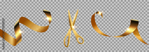 Golden scissors cut ribbon realistic illustration