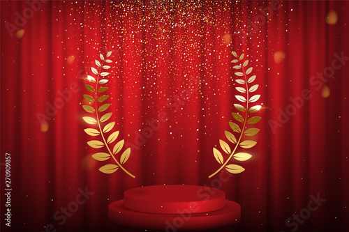 Red curtain, laurel twigs realistic illustration
