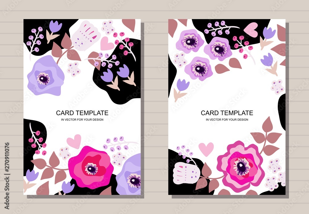 Beautiful cards design with flowers. Creative template for invitation, greeting cards, poster, flyer, brochure.