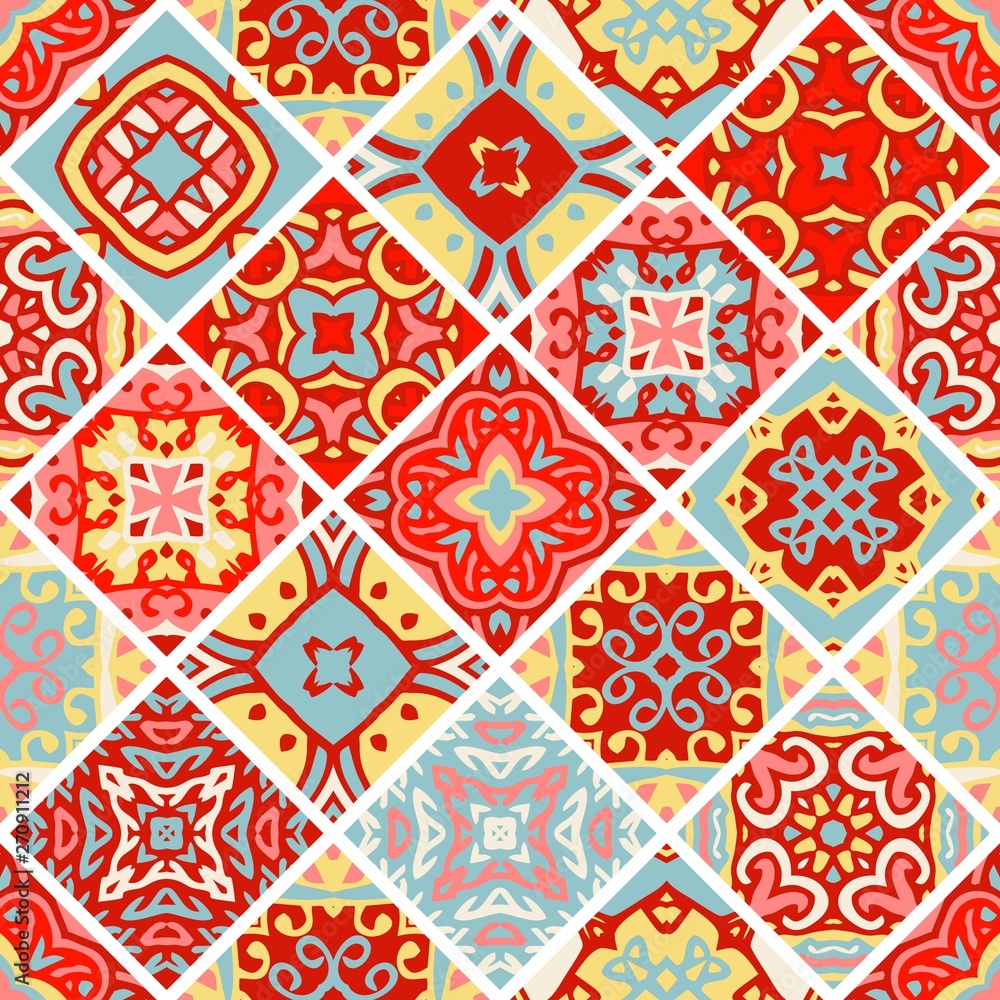 Bright seamless patchwork design with different patterns. Ceramic tiles.
