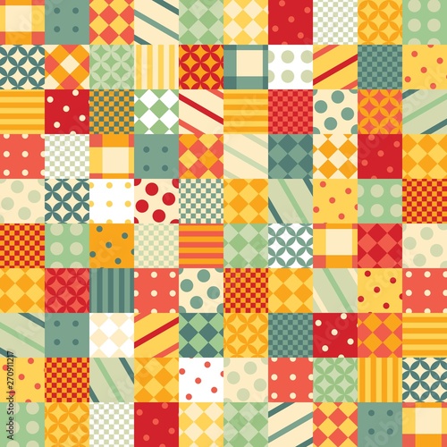 Colorful patchwork pattern. Seamless design of bright squares with geometric patterns.