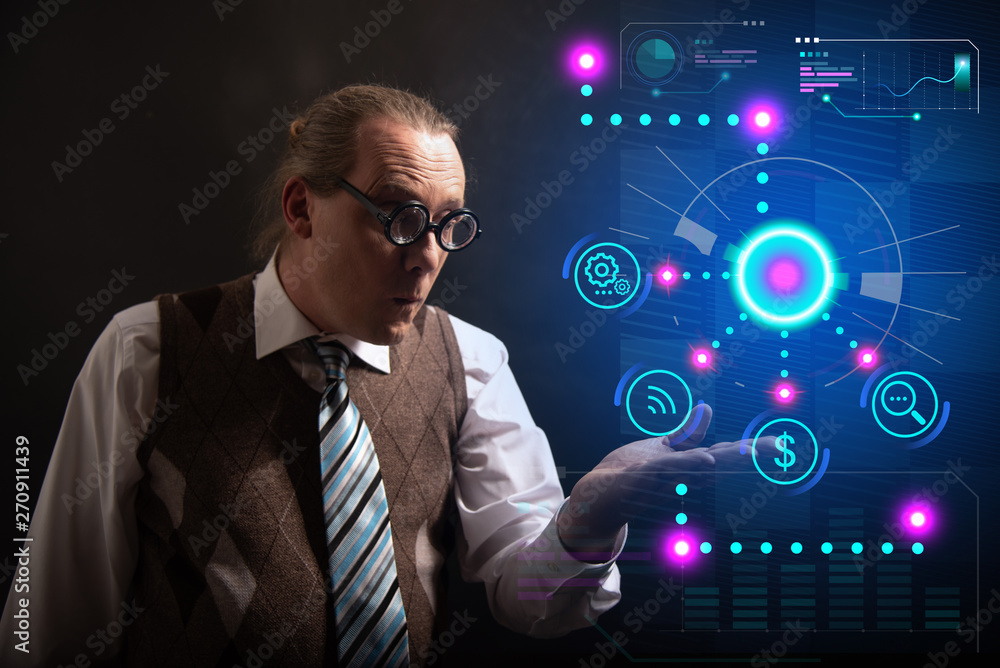 Funny nerd or geek with digital HUD elements Funny nerd or geek with digital HUD elements