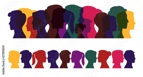 Silhouettes of people, multicolored profile of men and women on a white background.