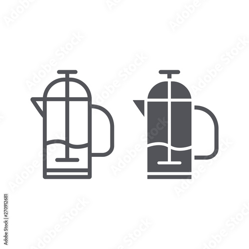 French press line and glyph icon, kitchen and drink, pot sign, vector graphics, a linear pattern on a white background.