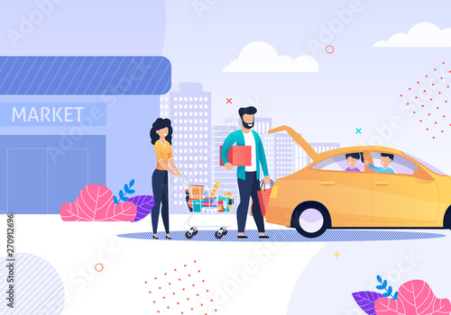 Family after Shopping and Taxi Service Cartoon