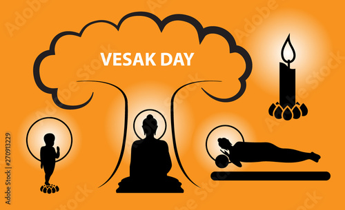 Vesak Day concept with worship born, Enlightenment and nirvana or death of Buddha, vector silhouette