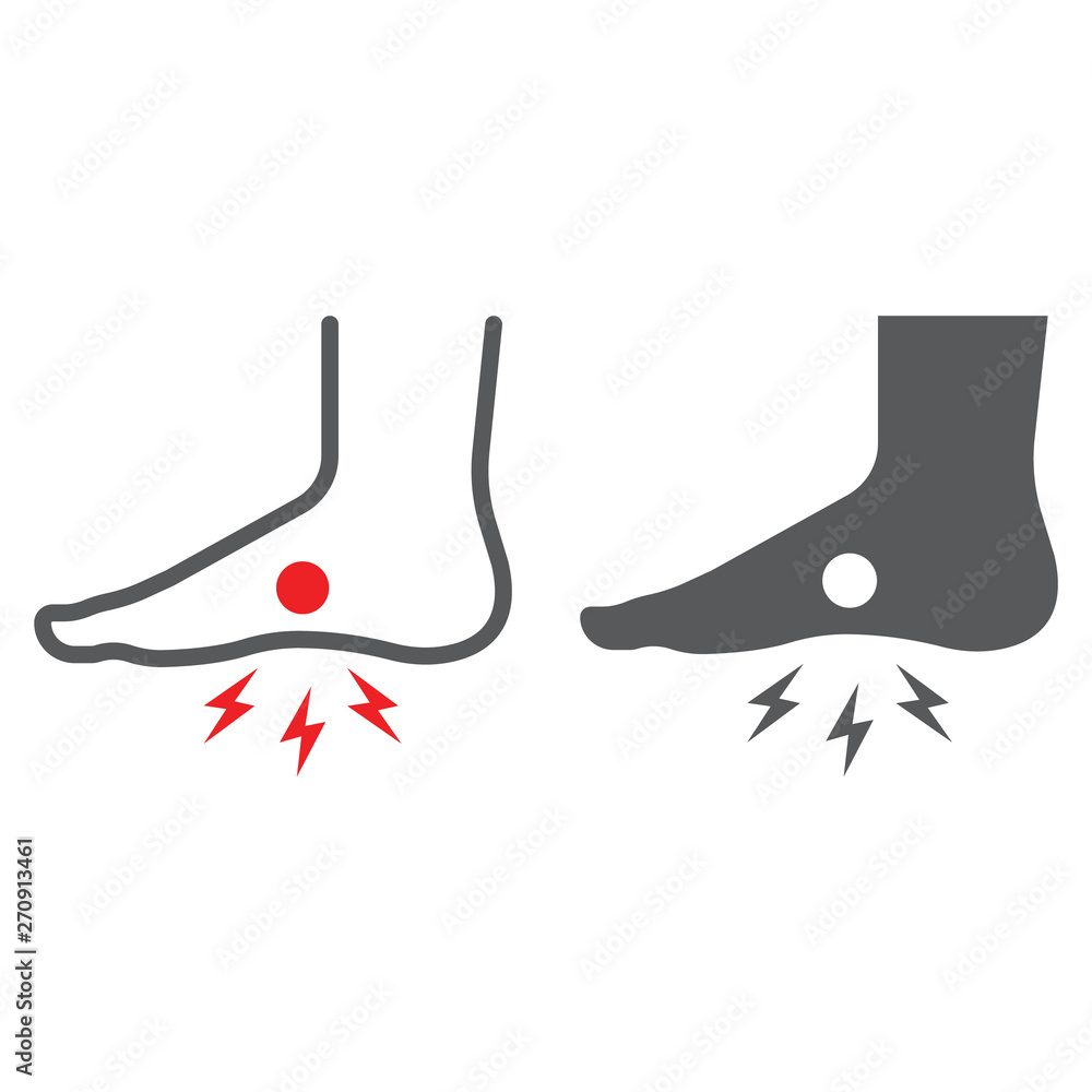 Foot pain line and glyph icon, body and painful, feet ache sign, vector