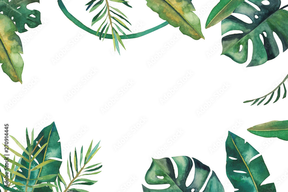 Handdrawn watercolor frame with tropical green leaves Stock ...