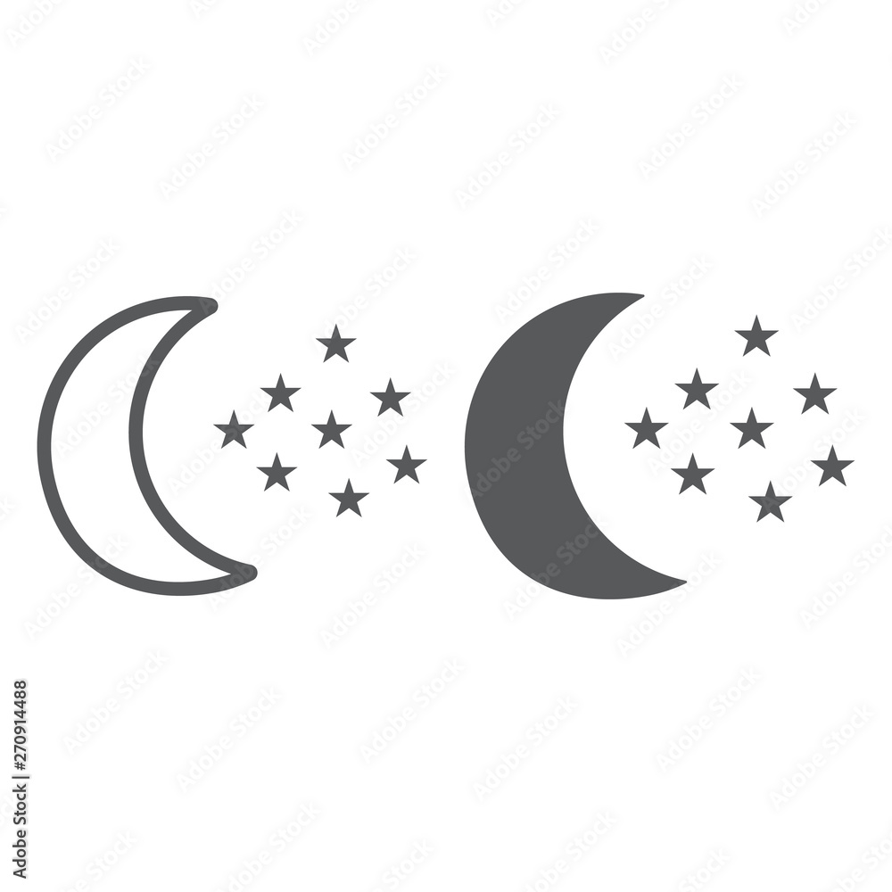 Moon and stars line and glyph icon, night and forecast, night sky sign, vector graphics, a linear pattern on a white background. Moon and stars line and glyph icon, night and forecast, night sky sign, vector graphics, a linear pattern on a white background.