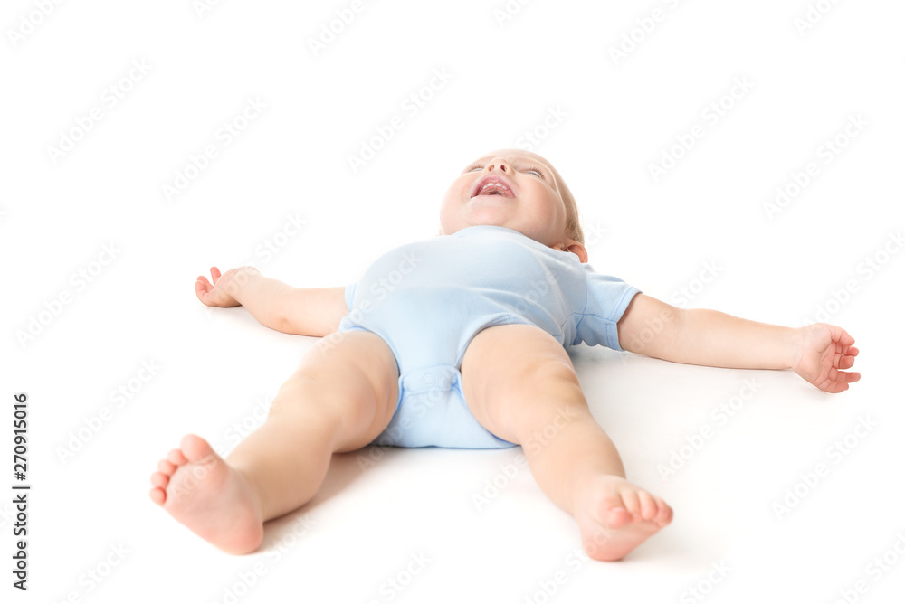 Baby Lying on White, Happy Infant Kid on Back, Funny Boy Child One Years Old