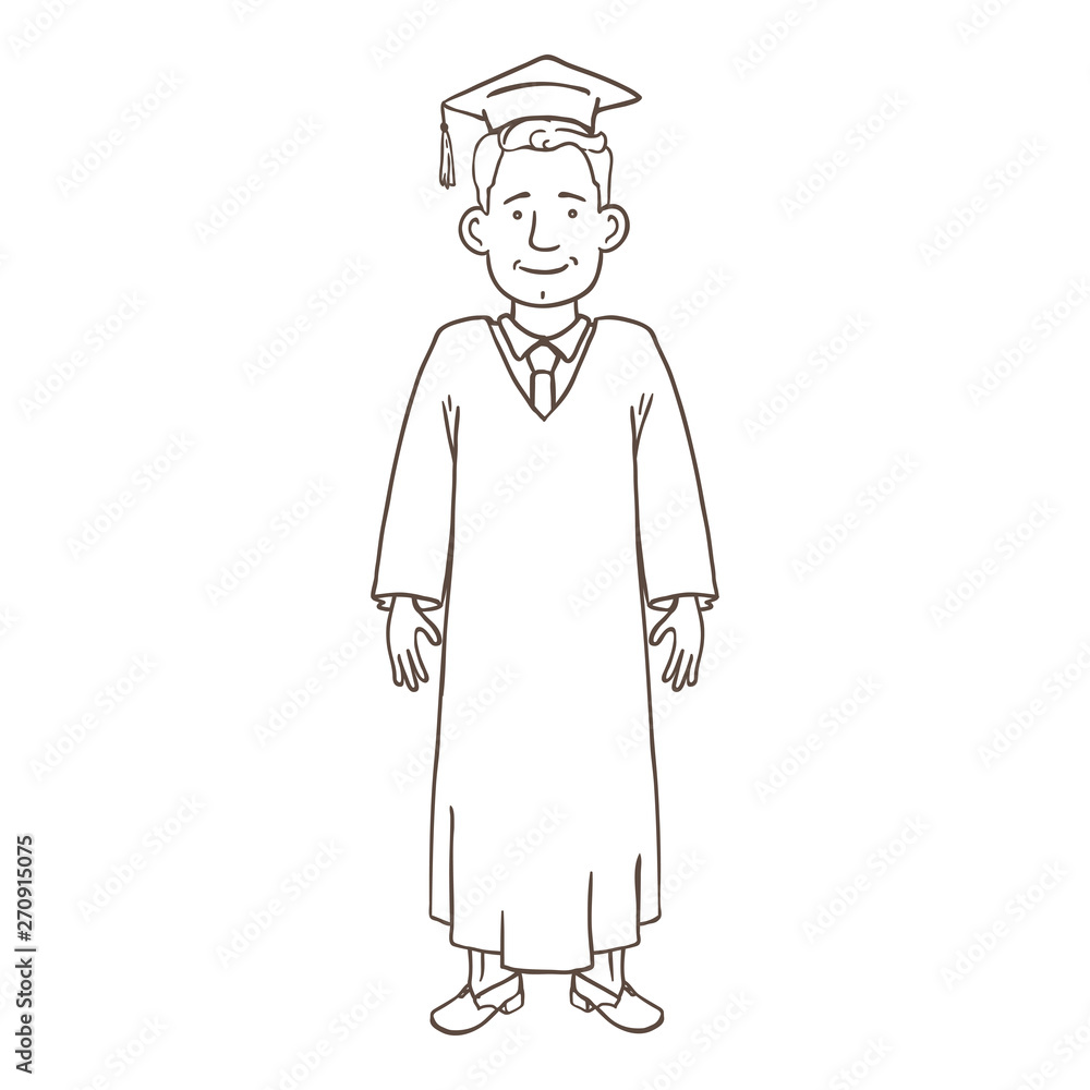 Vector Outline Character - White Young Man in Graduation Gown and Hat Vector Outline Character - White Young Man in Graduation Gown and Hat