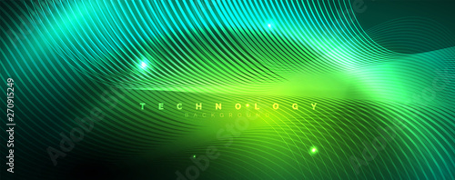 Shiny neon lines template - northern lights glowing blur lines. Futuristic style glow neon 80s disco club or night party techno template
