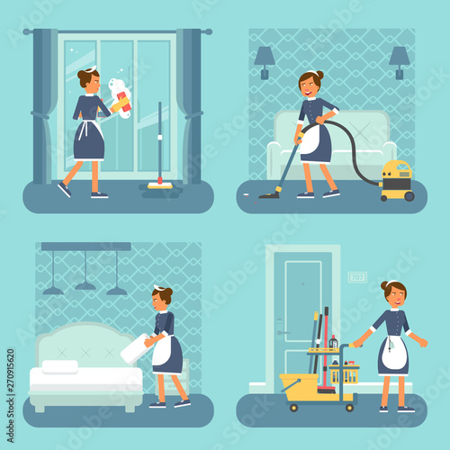 Chambermaid chores flat vector illustration set