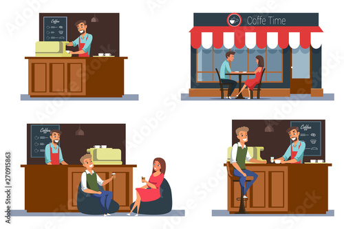 Cafeteria, coffee shop vector illustration set isolated on white background