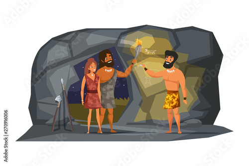Stone age people discover fire illustration.