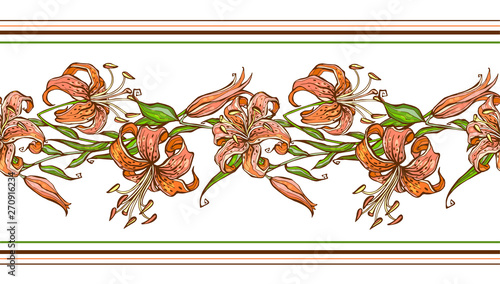 Tiger lily.Seamless pattern. Flower border Vector