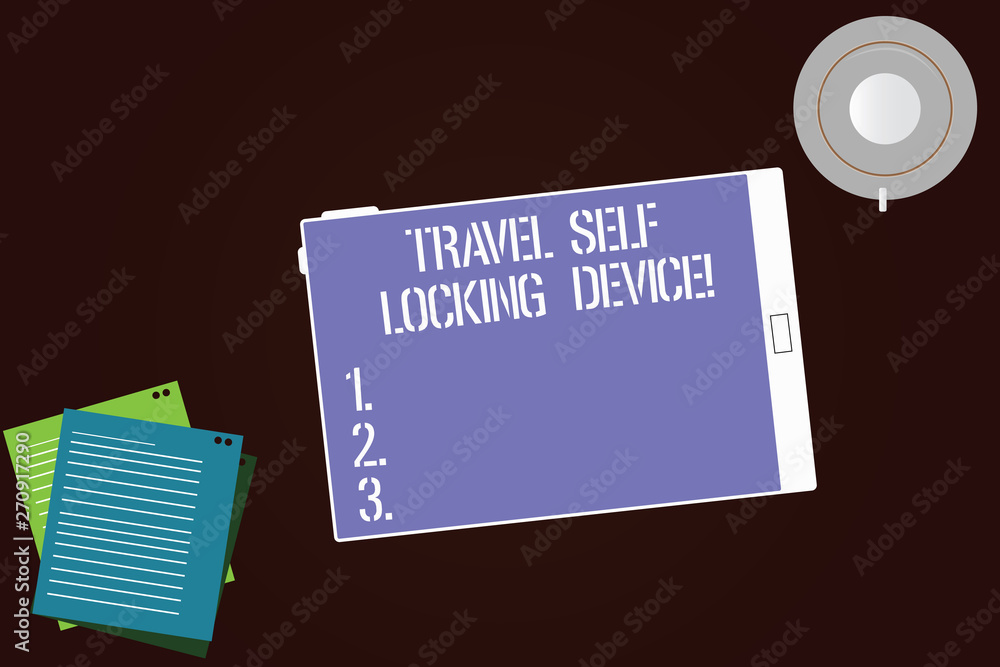 Writing note showing Travel Self Locking Device. Business photo showcasing Protecting your luggage Lock baggage on trip Tablet Screen Cup Saucer and Filler Sheets on Color Background Writing note showing Travel Self Locking Device. Business photo showcasing Protecting your luggage Lock baggage on trip Tablet Screen Cup Saucer and Filler Sheets on Color Background