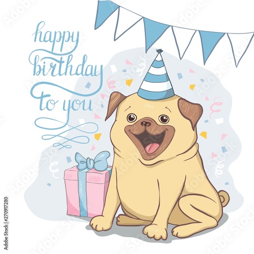 Birthday cards set with cute cartoon dogs. Balloons and party hats. Vector contour image. Little puppies. Funny animals.