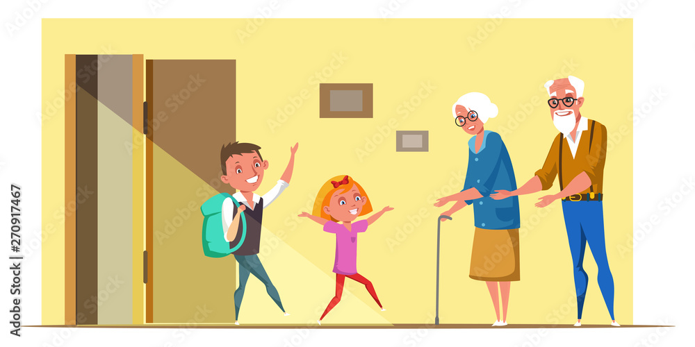 Kids visit grandparents flat vector illustration Kids visit grandparents flat vector illustration