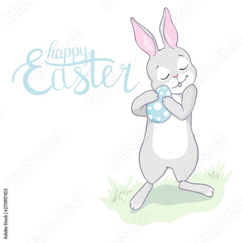 Cartoon little bunny holding Easter egg